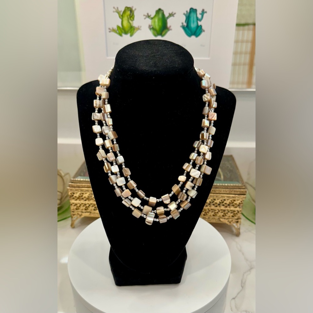 VTG Triple-Strand Shell & Silver-toned Beaded Necklace - VGVC